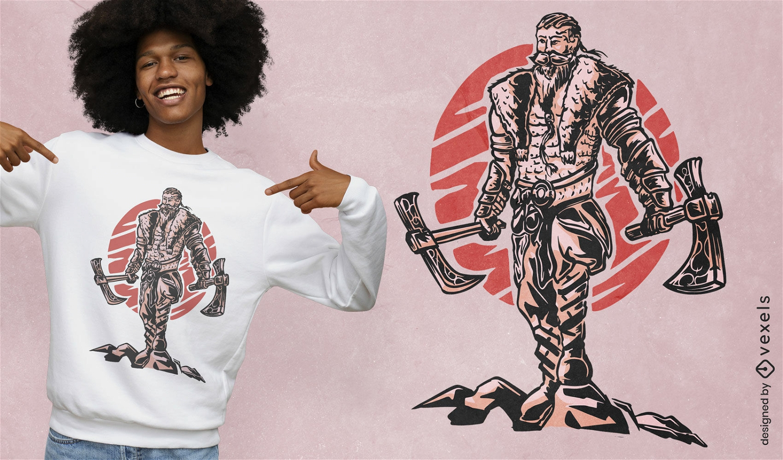 Wikinger-Krieger mit T-Shirt-Design mit zwei Waffen