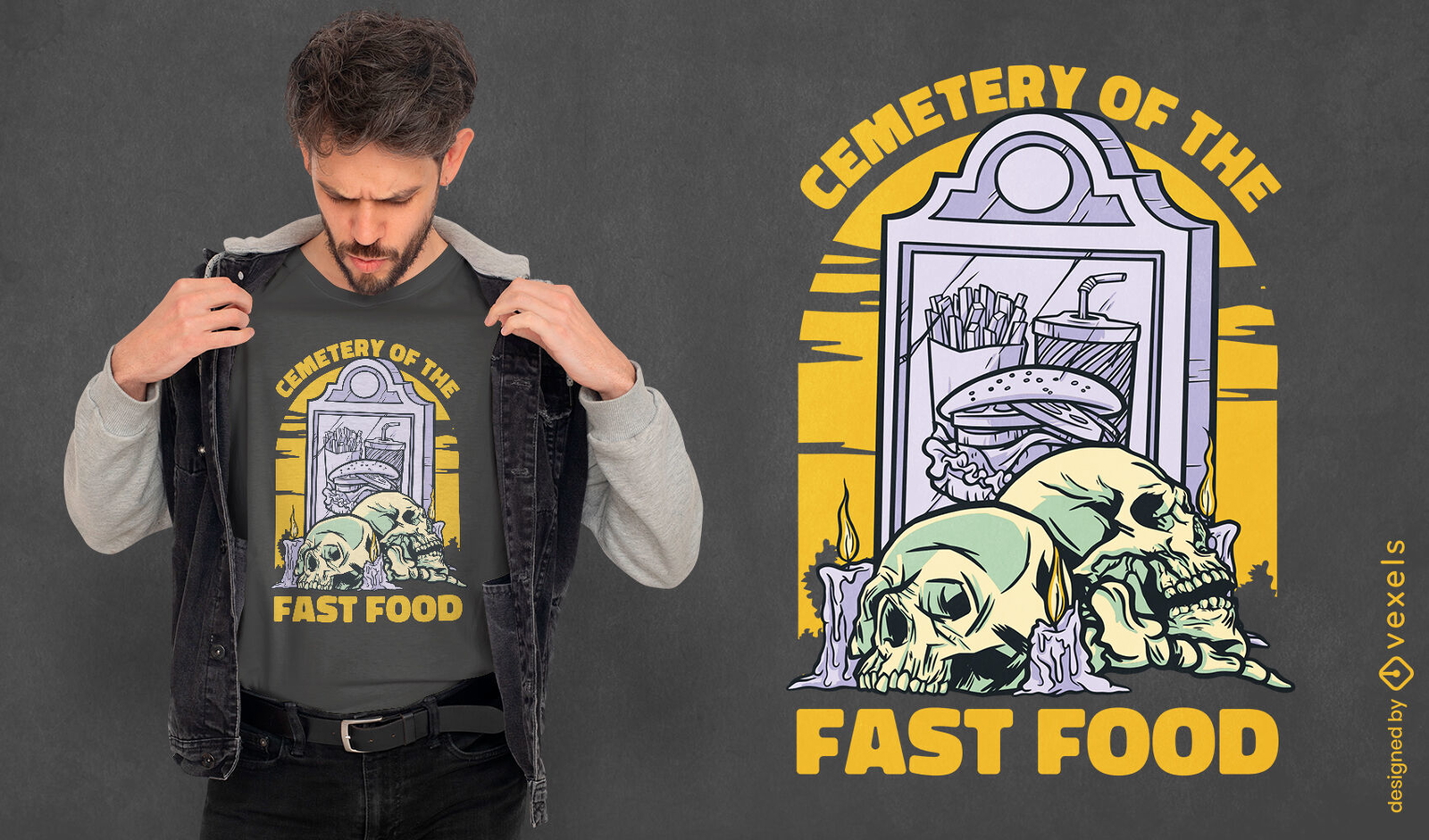 Diseño de camiseta de cementerio de hamburguesa con queso.