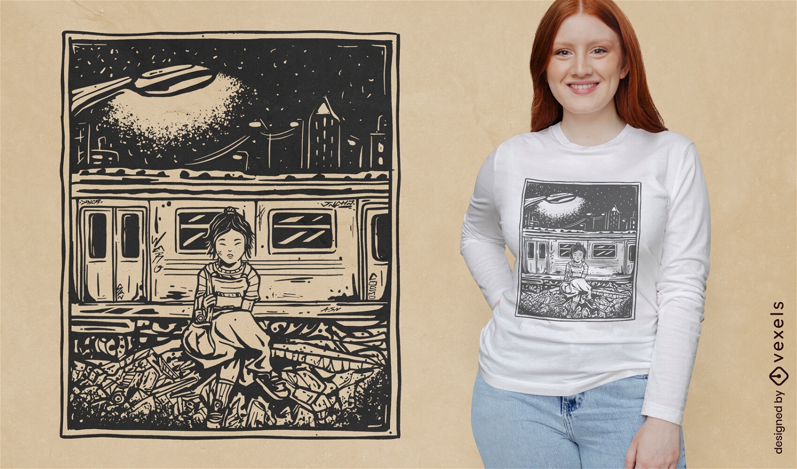 Chica en diseño de camiseta de parada de tren.