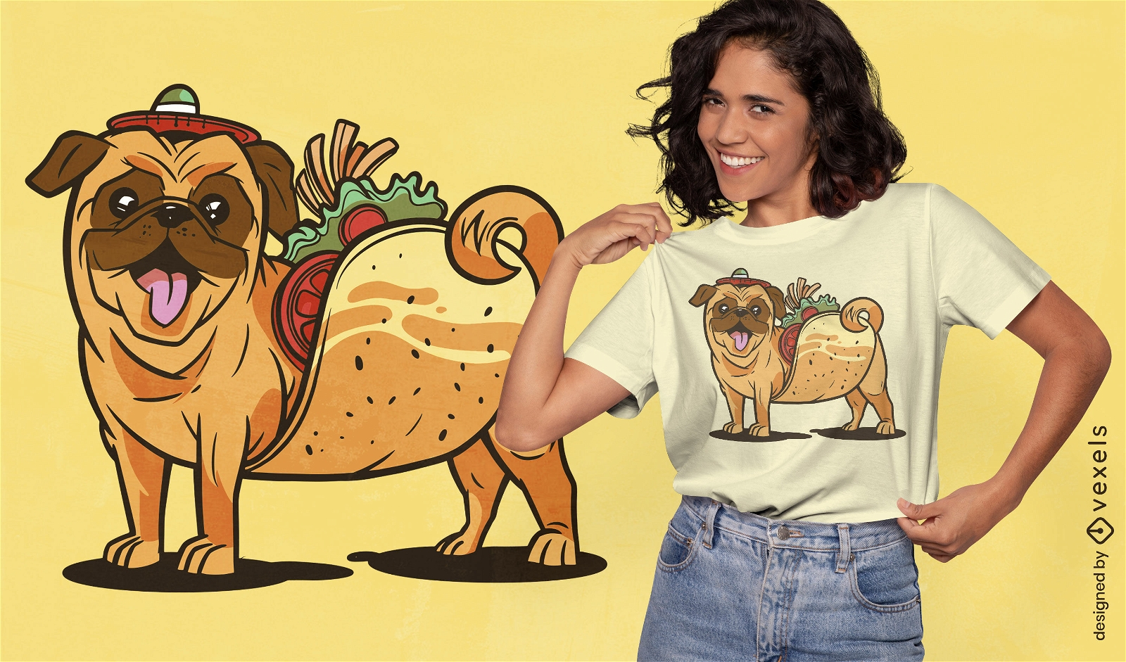 Design de t-shirt de desenho animado de taco de cachorro pug
