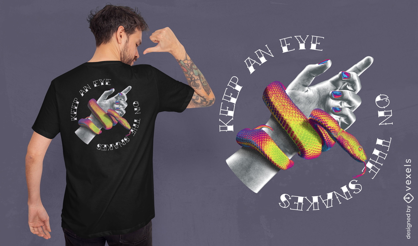 Holographic snake around hand t-shirt psd