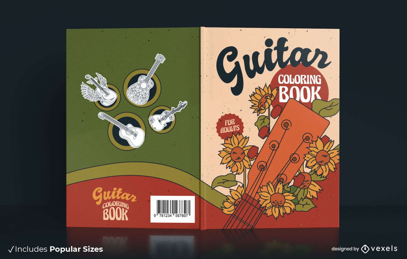 Diseño de portada de libro para colorear de guitarra