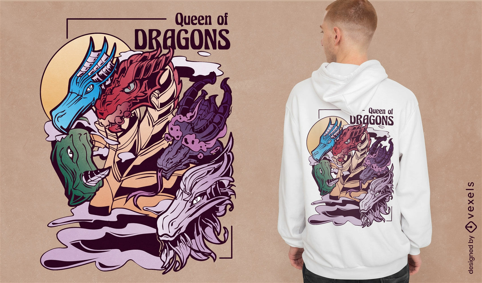 Diseño de camiseta de criatura dragón de cinco cabezas.