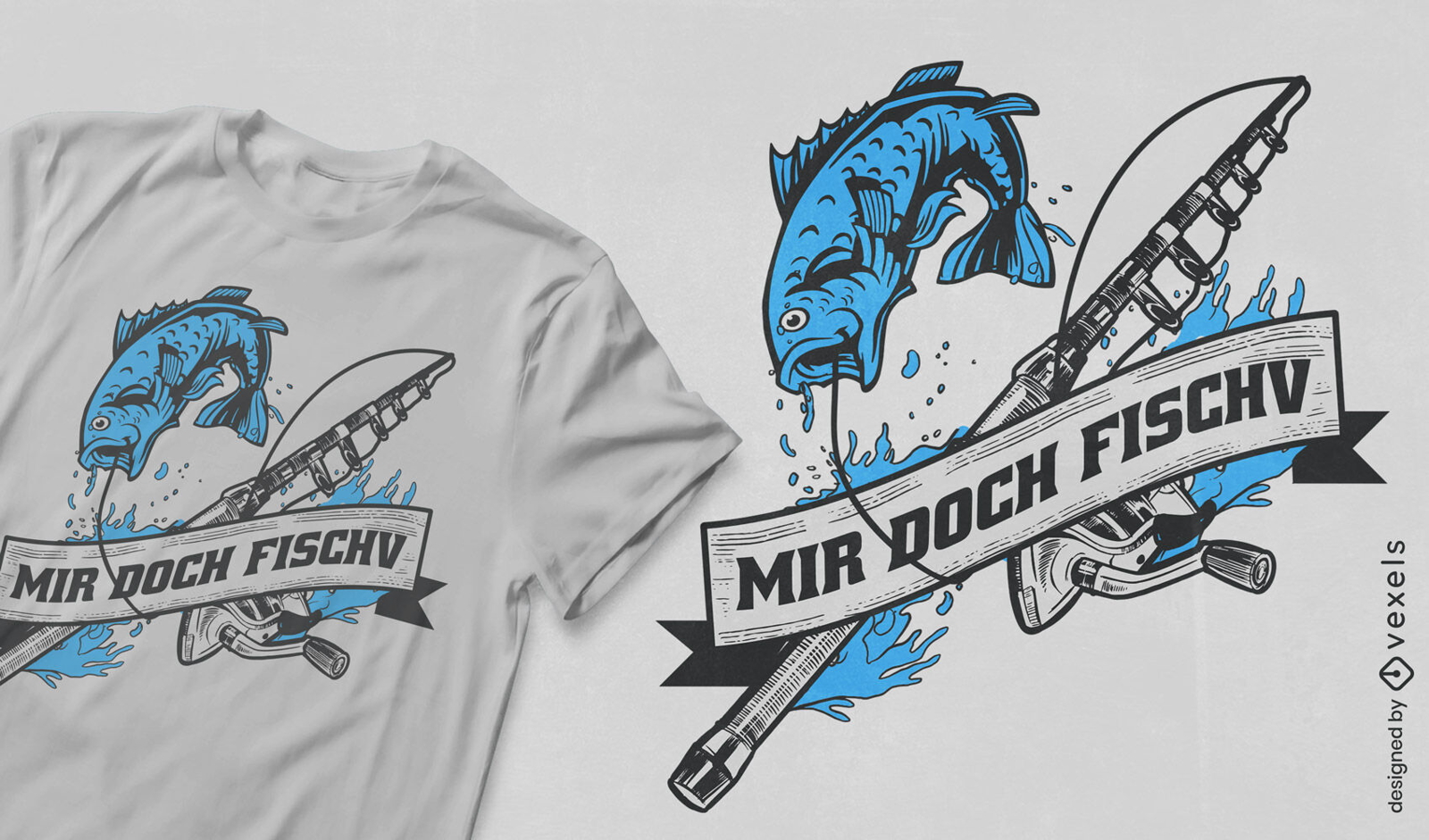 Diseño de camiseta de caña de pescar y pescado.