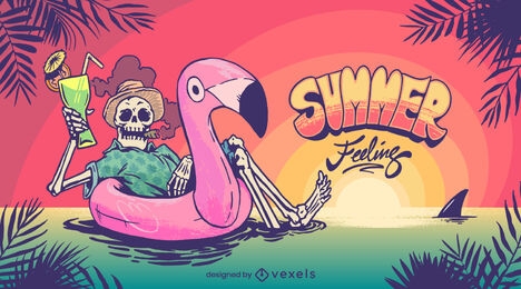 Esqueleto de verano en ilustración de flotador de flamenco