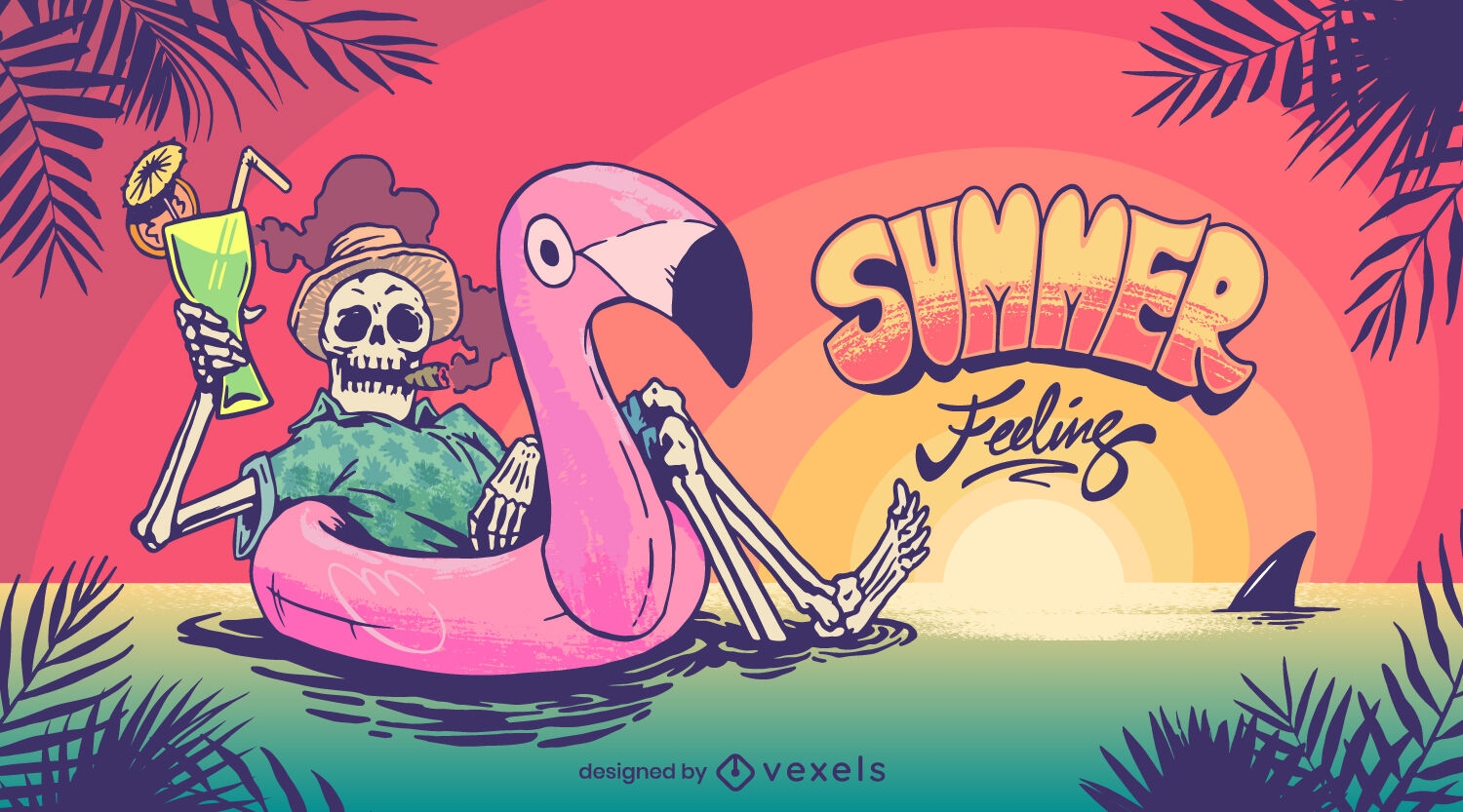 Esqueleto de verão na ilustração de flutuador de flamingo