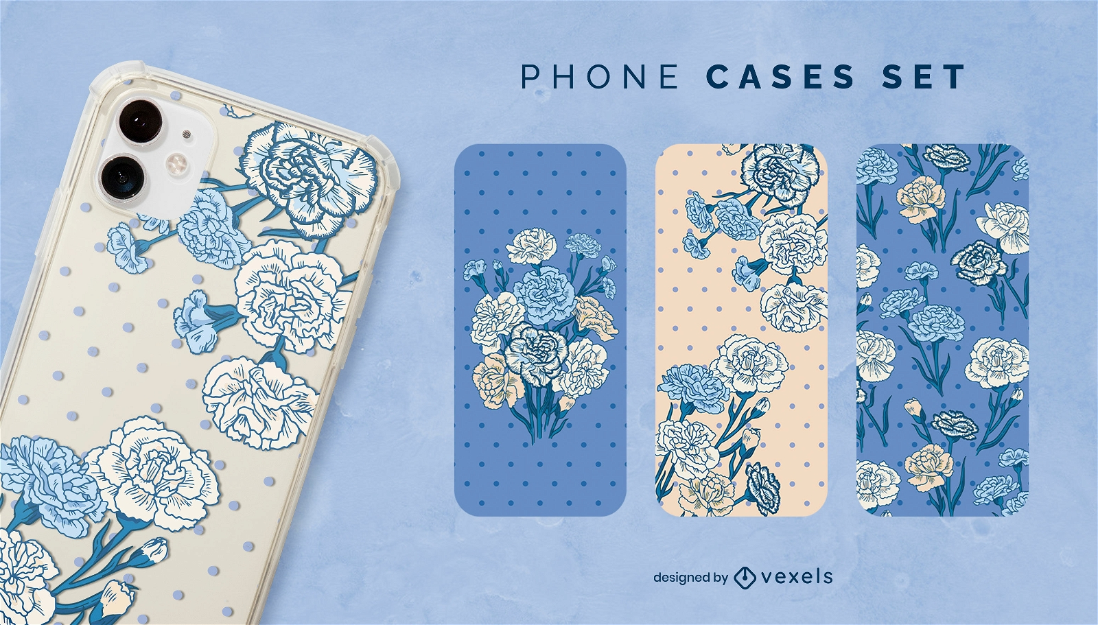 Conjunto de capas de telefone de flores de cravo azul