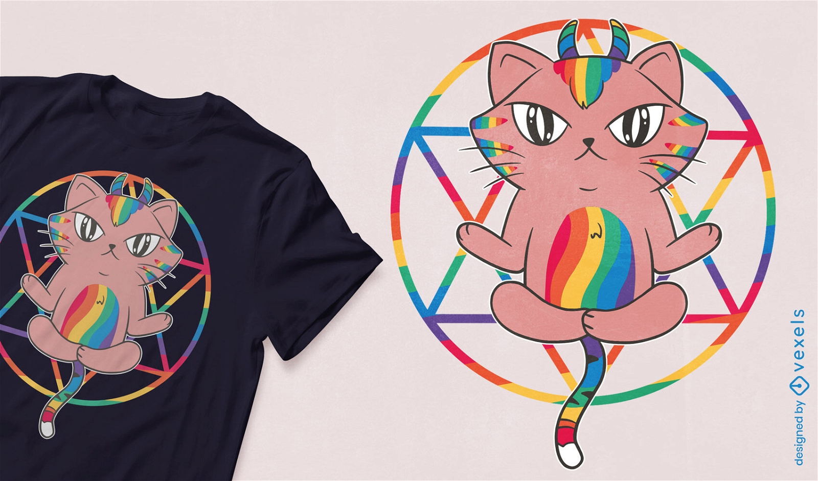 Design de camiseta de gato arco-?ris e pentagrama