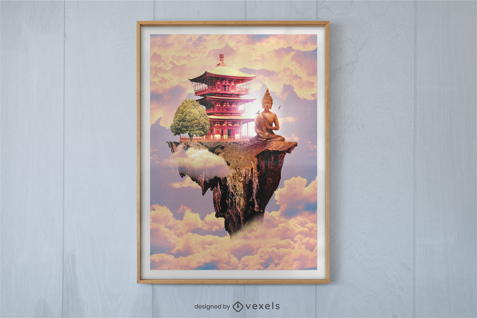 Japanese temple and buda poster psd