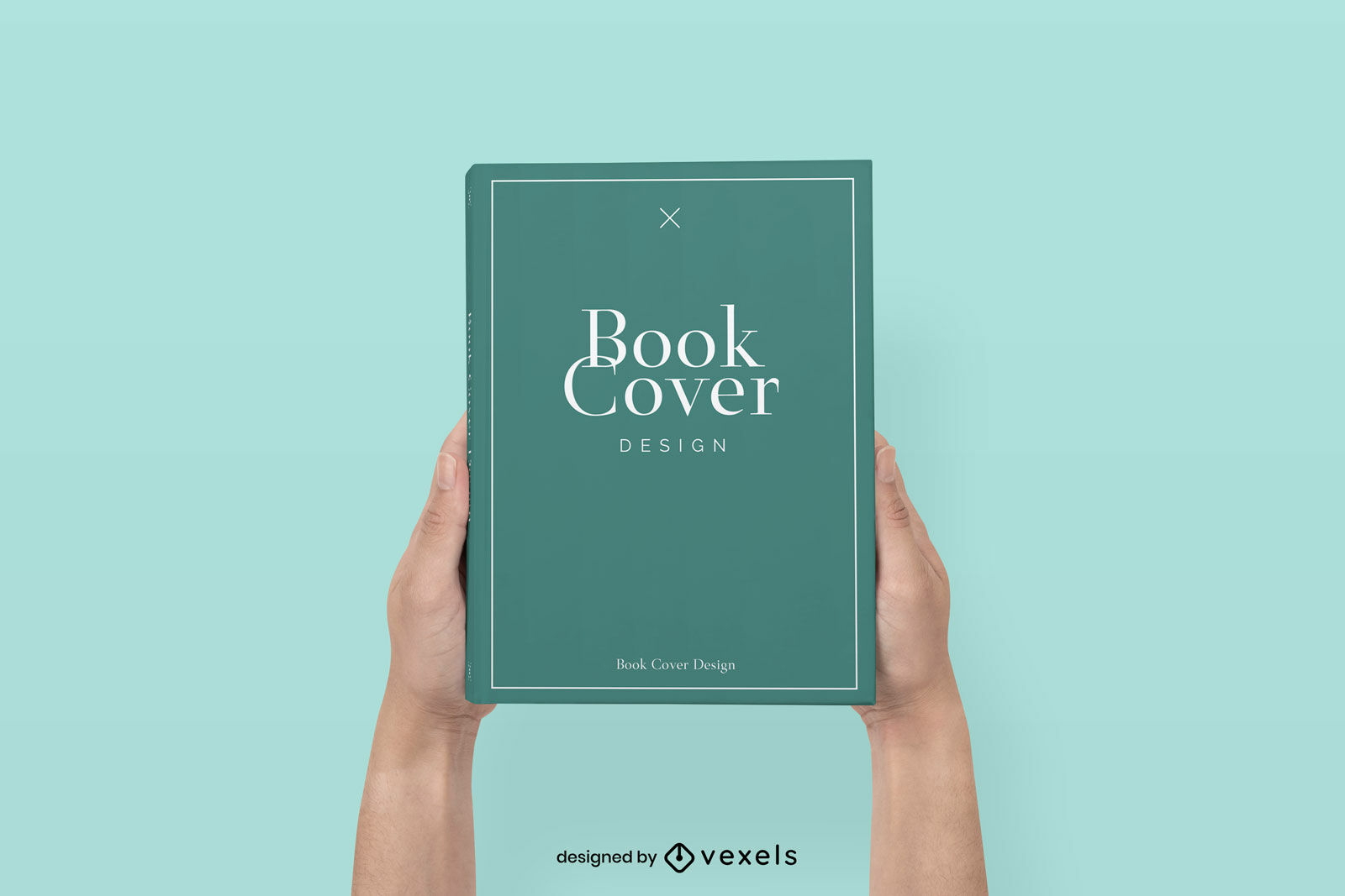 Hands holding book over solid background mockup