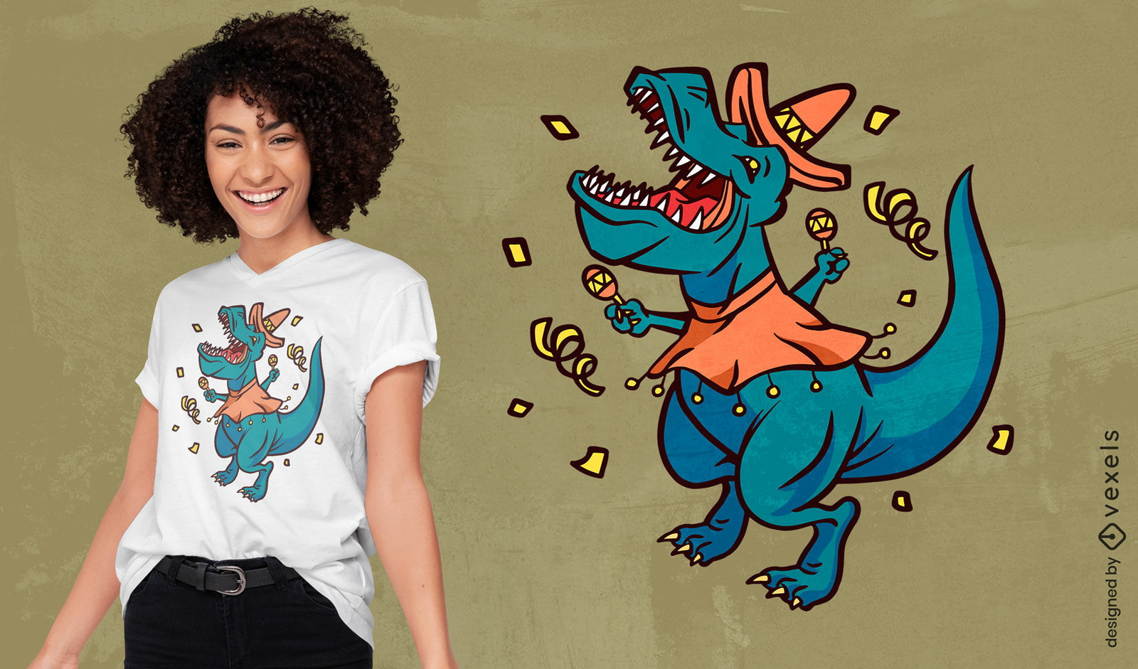 Diseño de camiseta de personaje mexicano t-rex.