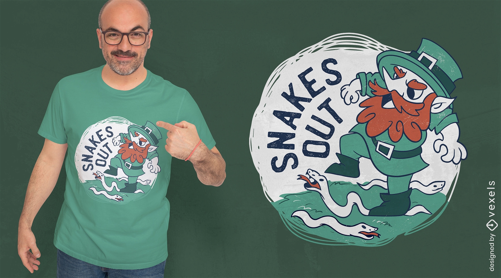 Leprechaun stamping on snakes t-shirt design