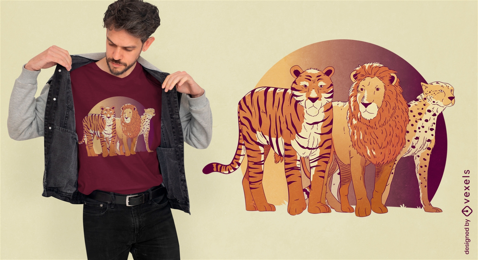 Design de camiseta de animais selvagens de le?o e tigres