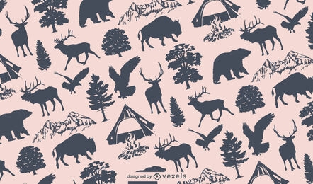 Elementos de camping y diseño de patrones de animales.