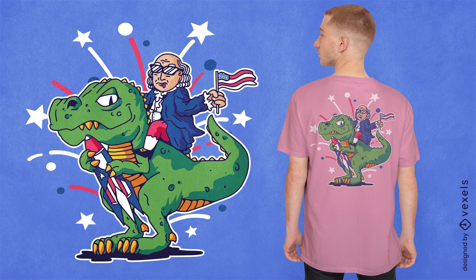 Benjamin Franklin montando design de camiseta t-rex