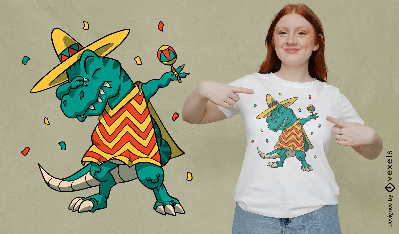 Dinossauro mexicano com design de t-shirt de chocalhos