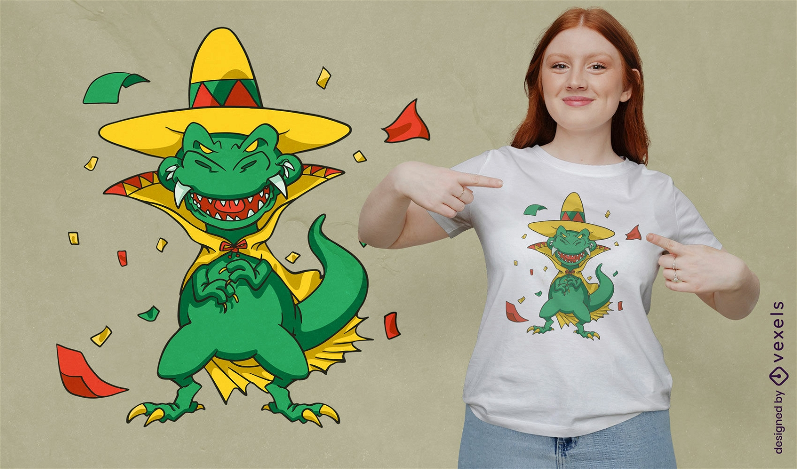 Diseño de camiseta de dinosaurio vampiro mexicano.
