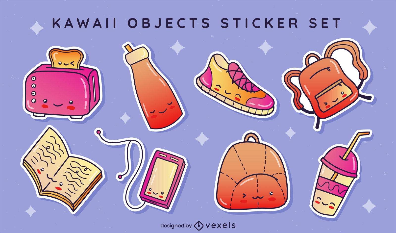 Conjunto de adesivos de objetos kawaii
