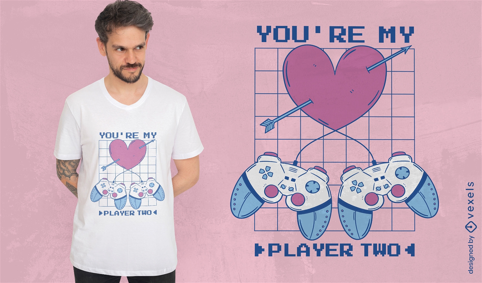 Videospiel-T-Shirt-Design mit Herzen und Joysticks