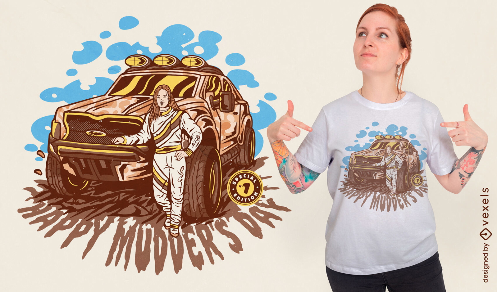 Frau mit Monstertruck-T-Shirt-Design