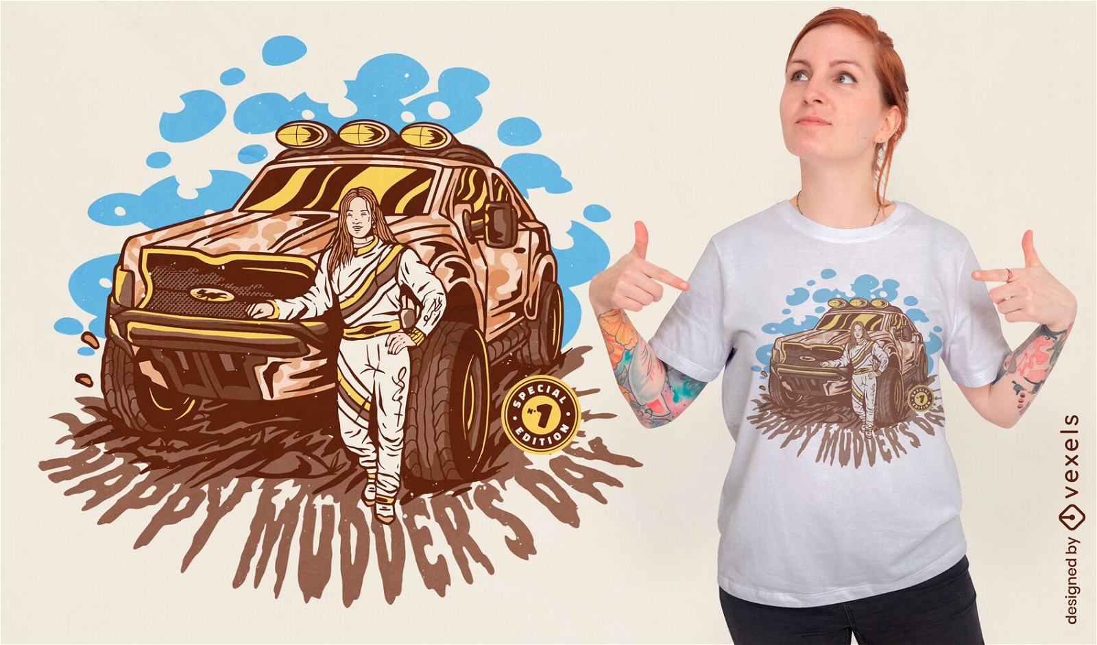 Woman with monster truck t-shirt design