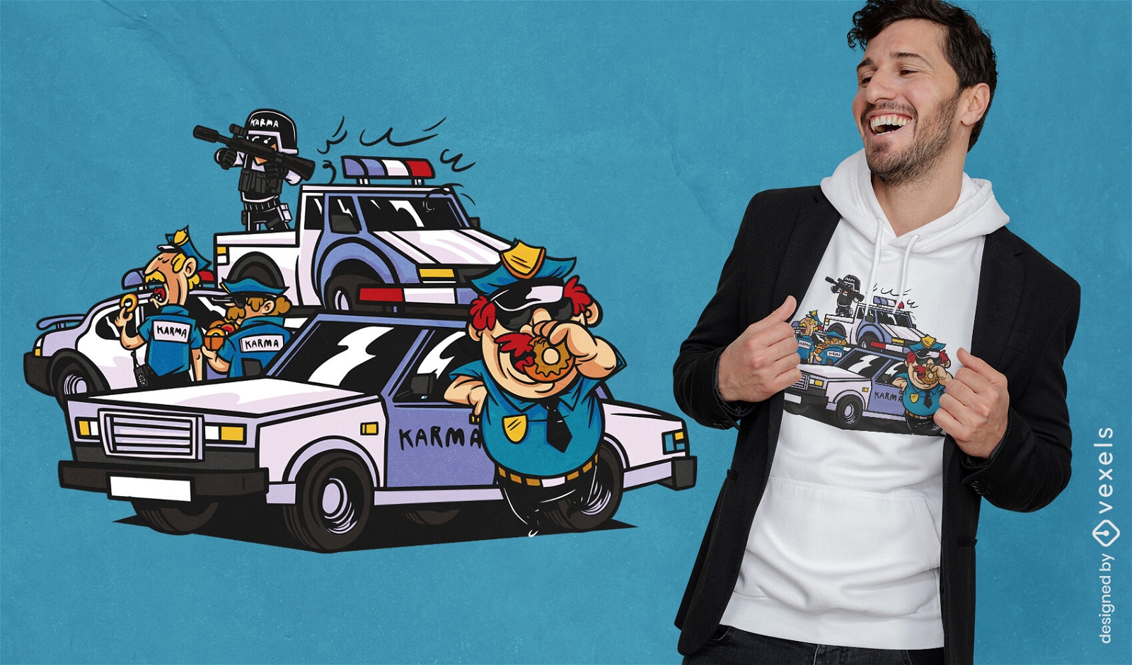 Diseño de camiseta de dibujos animados de coches de policía.