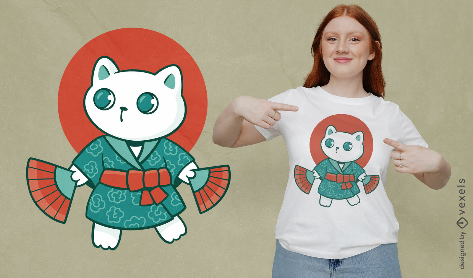 Animal de gato em design de t-shirt yukata japonês