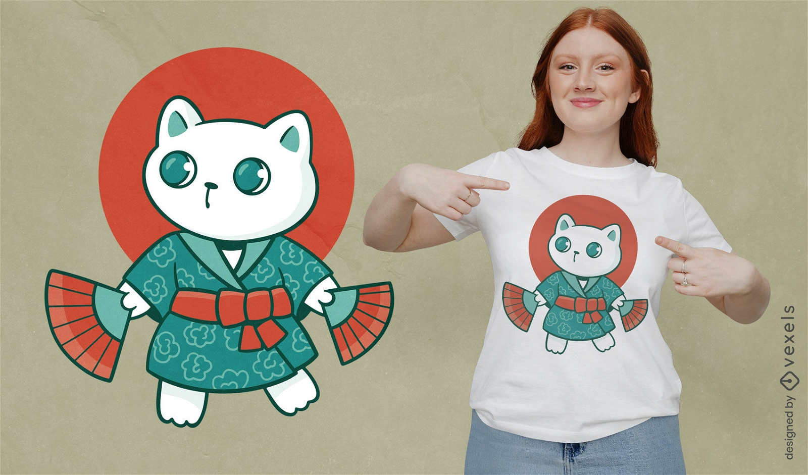 Animal gato en diseño de camiseta japonesa yukata