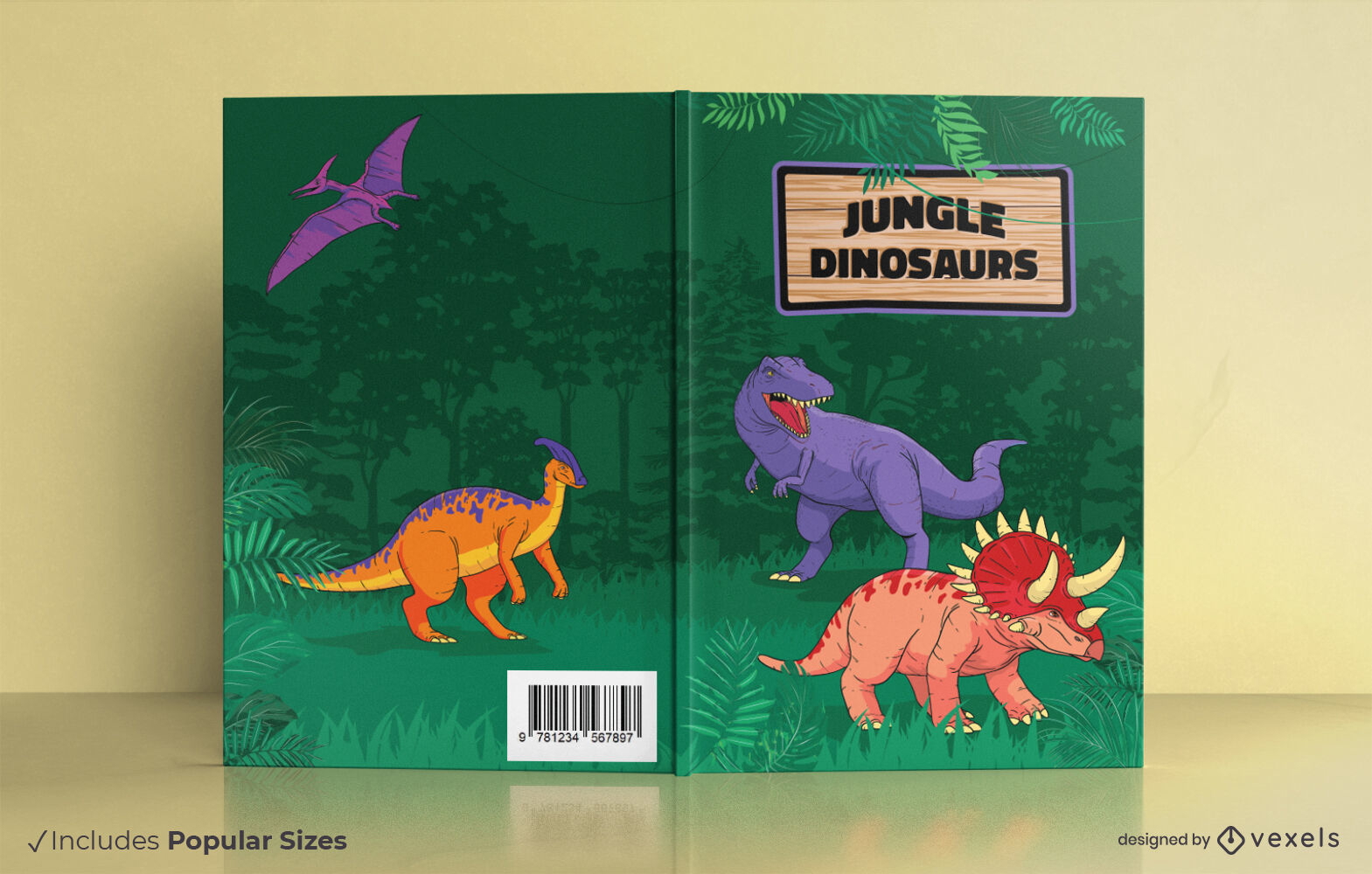 Dise?o de portada de libro de selva y dinosaurios.