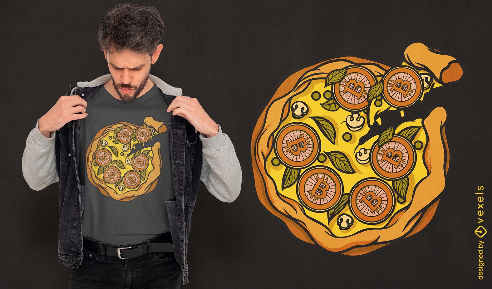 Diseño de camiseta de pizza con logos de criptomonedas