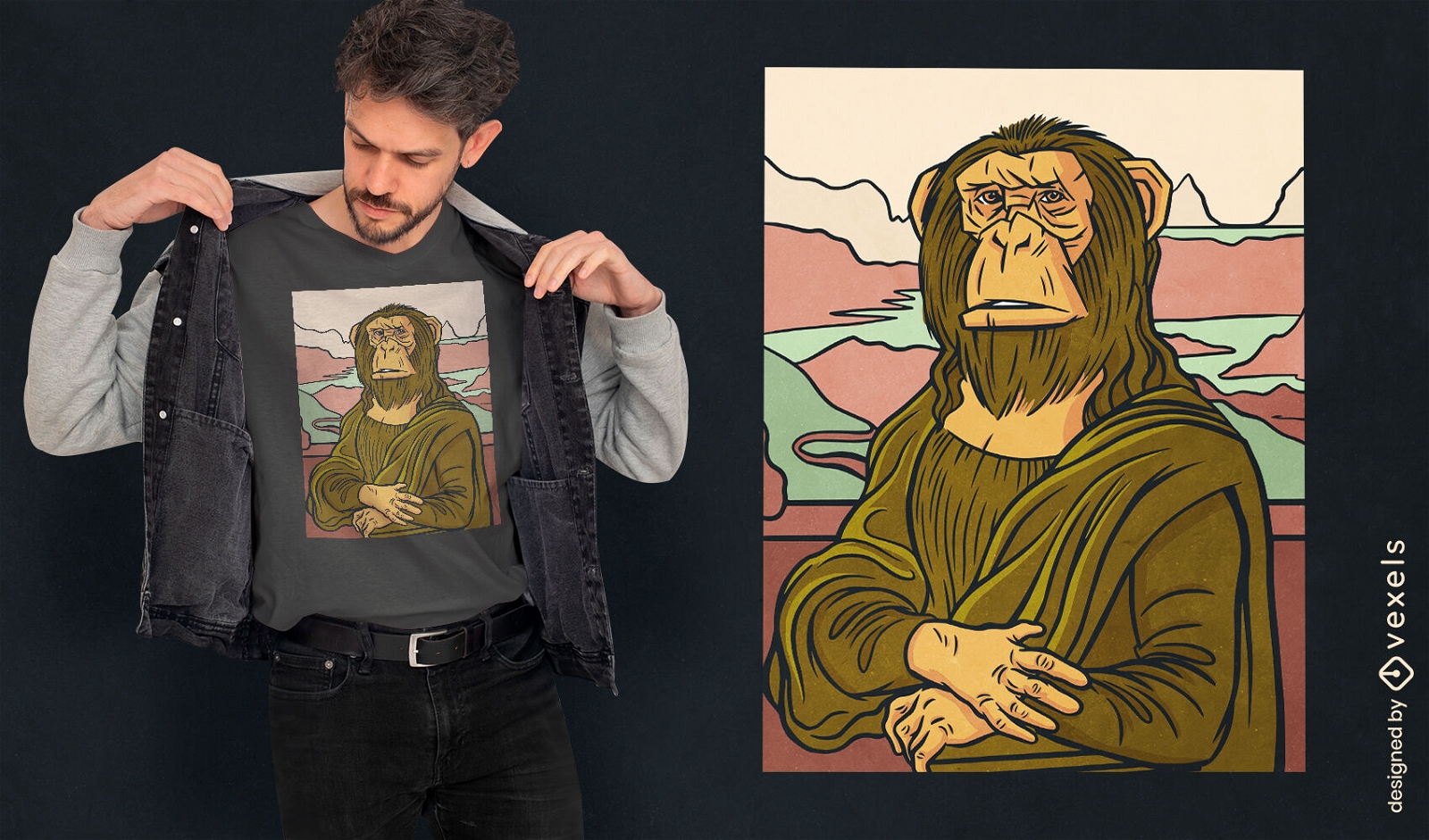 Design de camiseta de pintura de macaco mona lisa