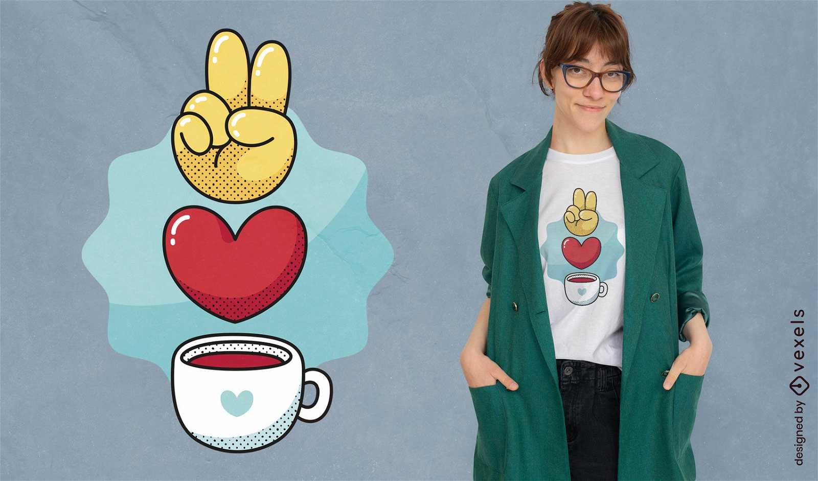 Diseño de camiseta de café y corazón de signo de la paz