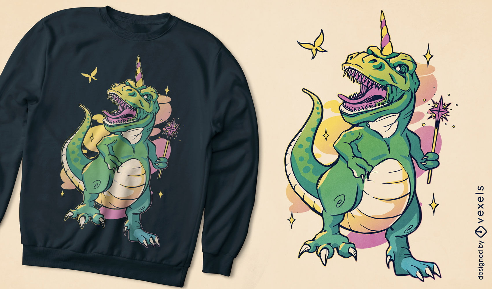 T-rex com design de camiseta de varinha mágica