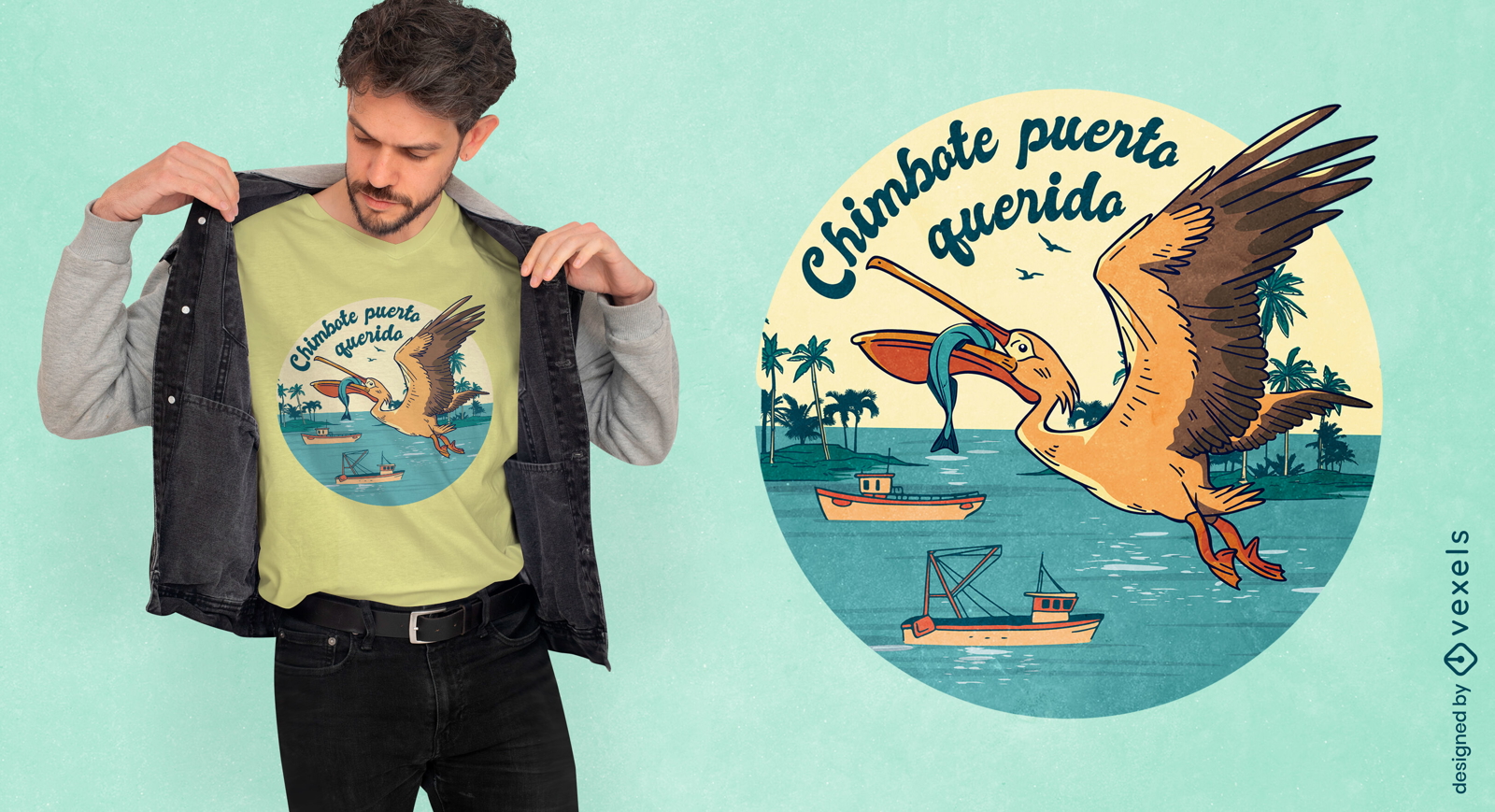 P?ssaro pelicano com design de camiseta de peixe