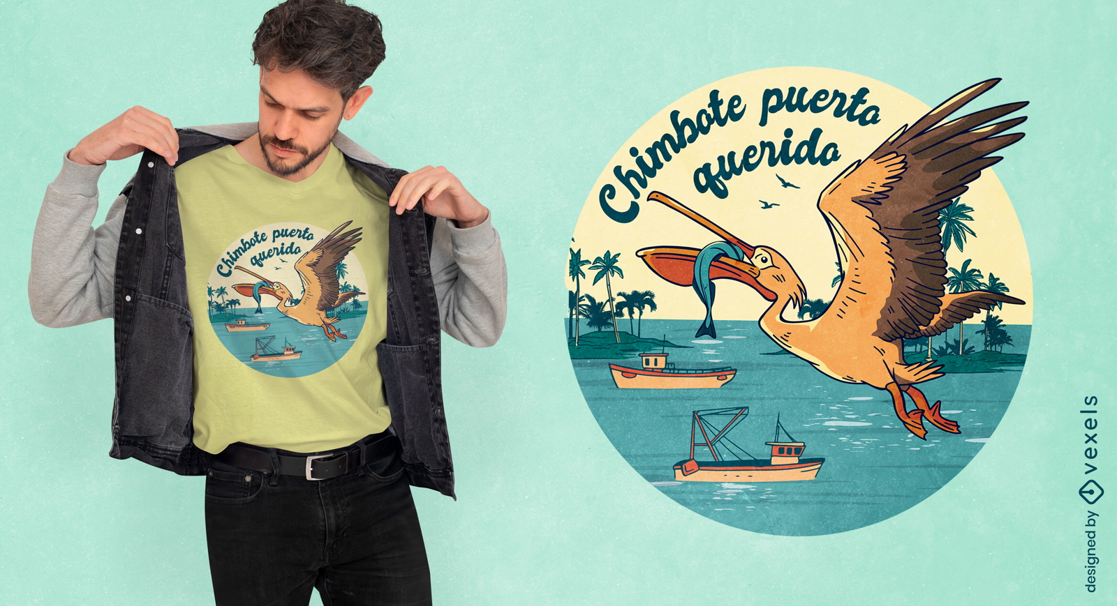 Pássaro pelicano com design de camiseta de peixe