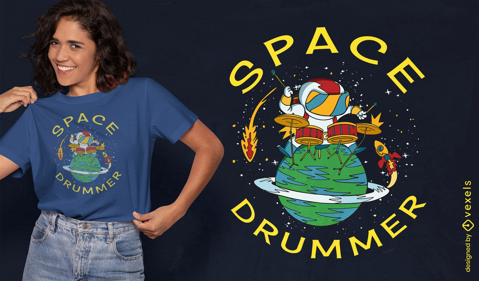 Diseño de camiseta de baterista de astronauta espacial.