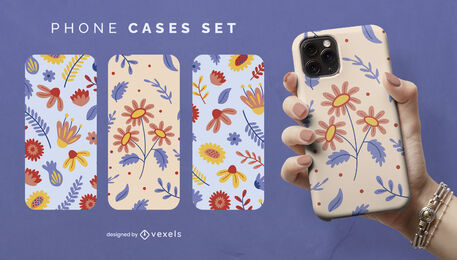 Conjunto de capas de telefone de flores e folhas planas