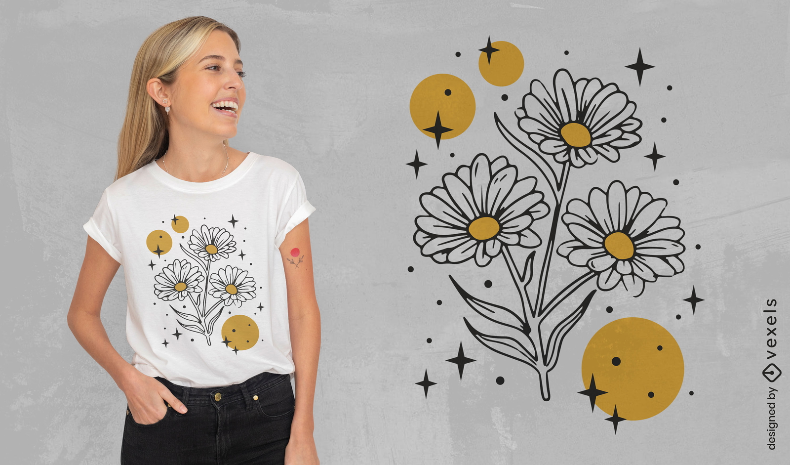 Diseño de camiseta de flores y círculos brillantes.