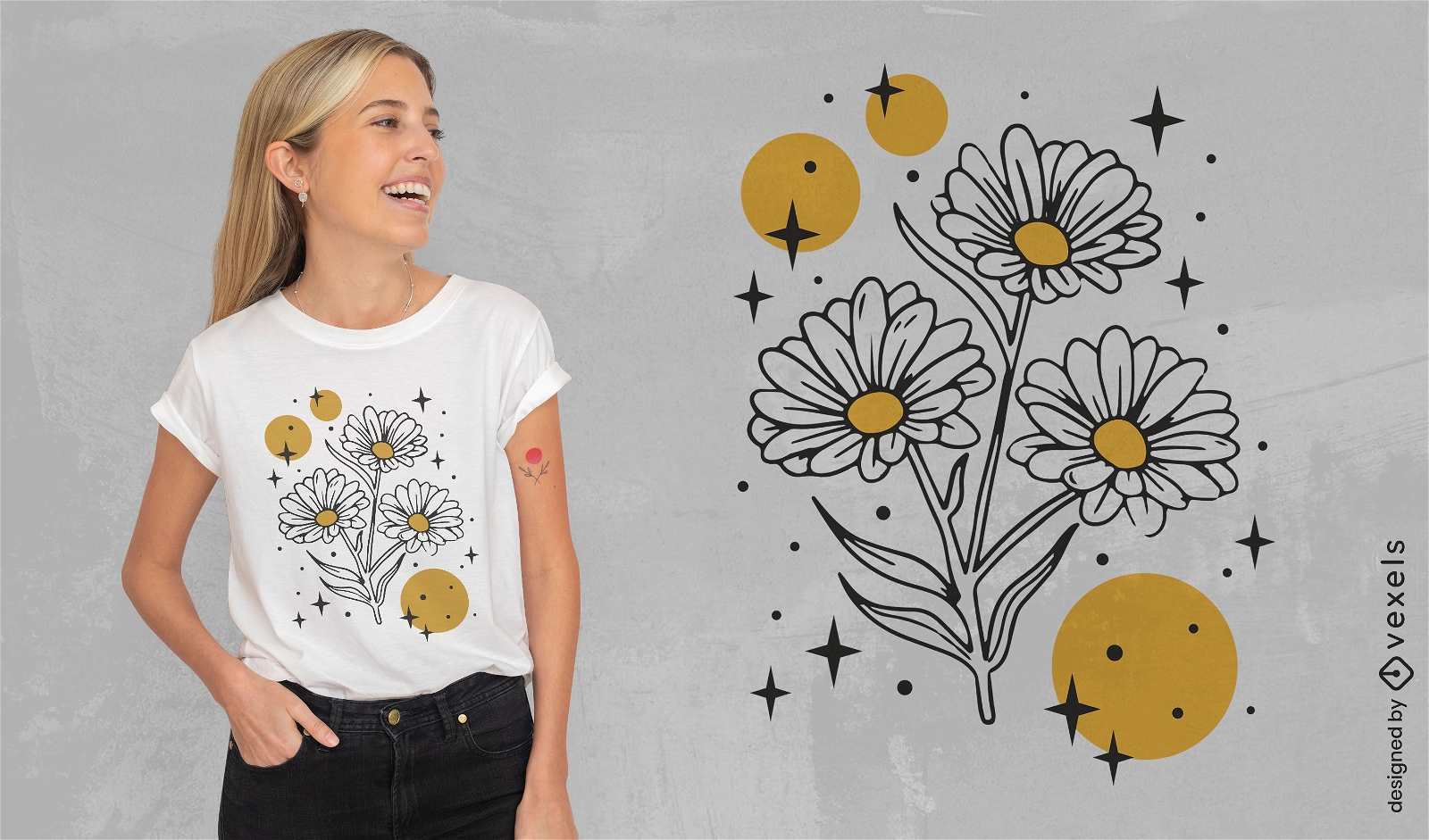 T-Shirt-Design mit funkelnden Blumen und Kreisen