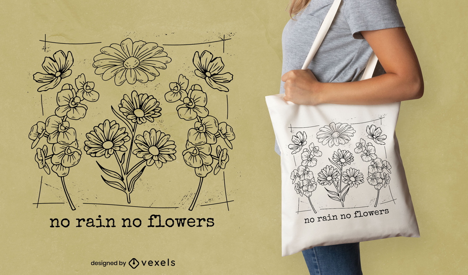 Diseño de bolso de mano con cita de flores botánicas.
