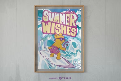 Diseño de cartel de oso de surf de verano.