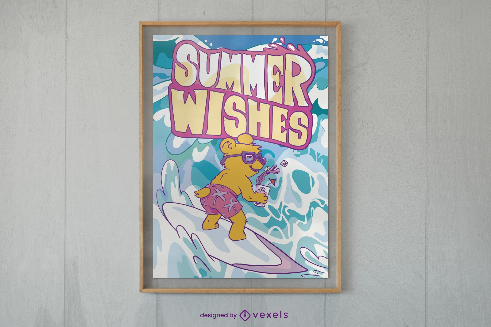 Summer surfing bear poster design