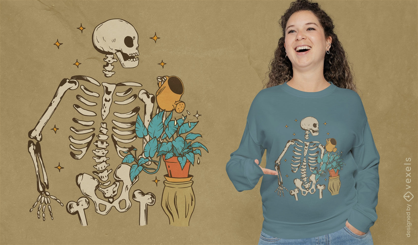 Design de t-shirt de planta de rega de esqueleto