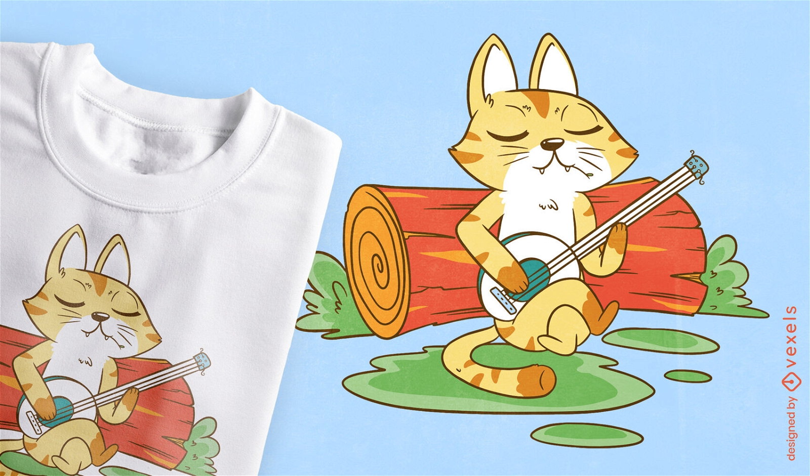 Gato animal tocando diseño de camiseta de banjo
