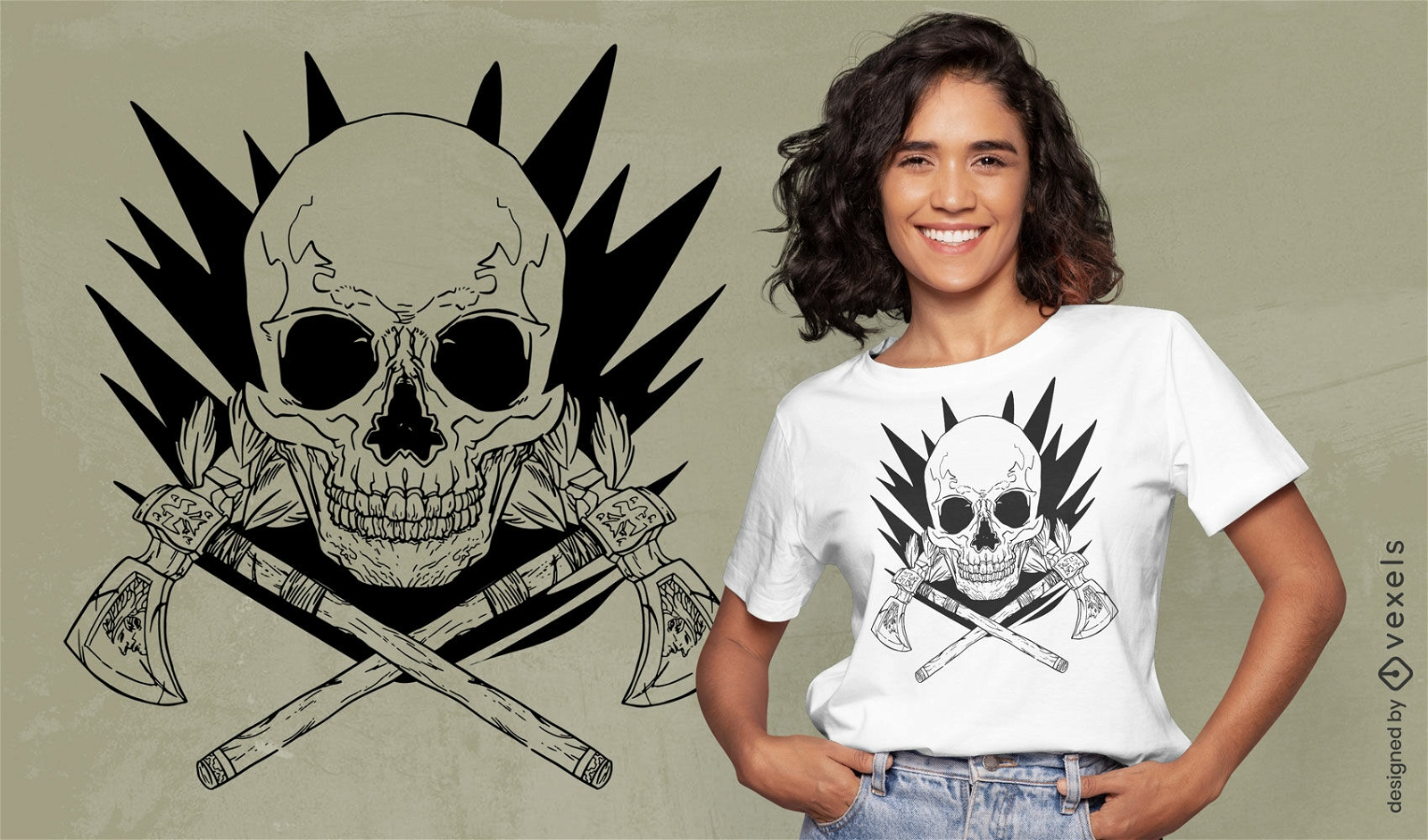 Diseño de camiseta de calavera con armas de hacha
