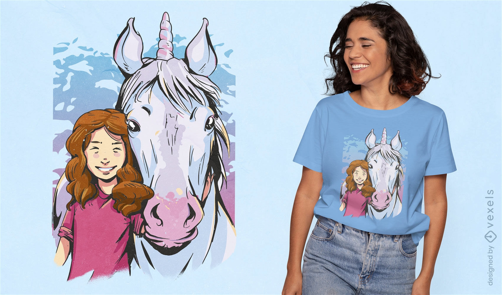 Diseño de camiseta de niña feliz y unicornio.