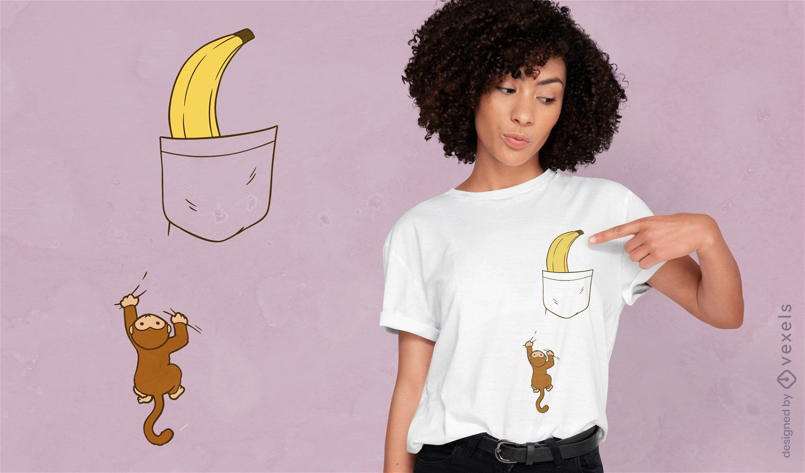 Macaco escalando para design de camiseta de banana
