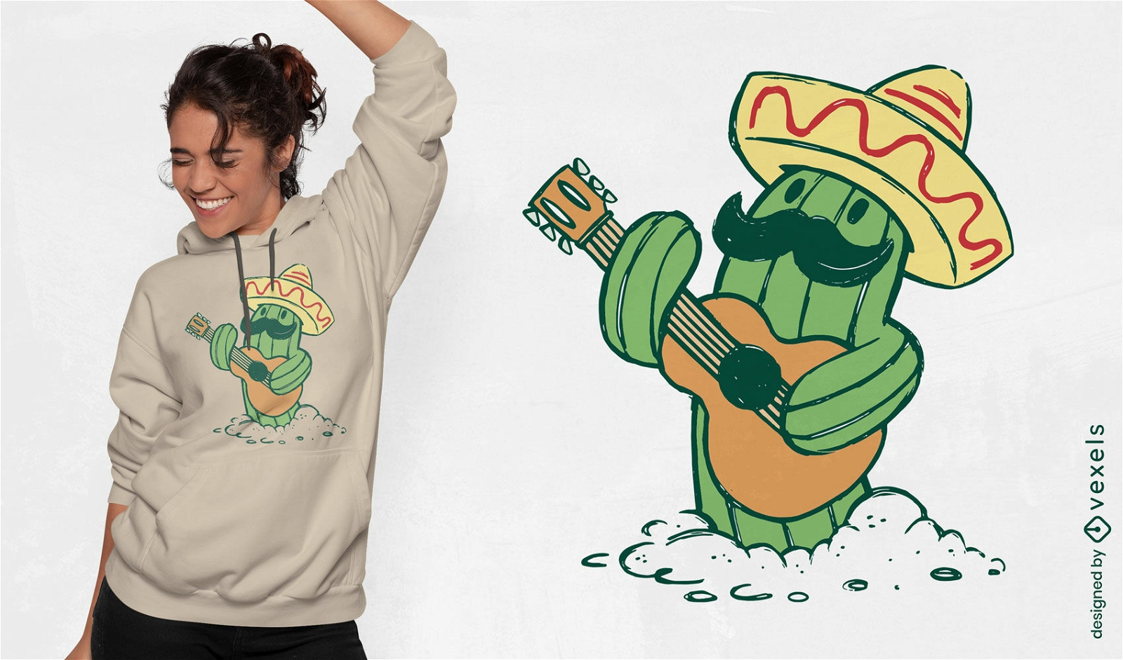 Cactus com chapéu mexicano e design de camiseta de guitarra