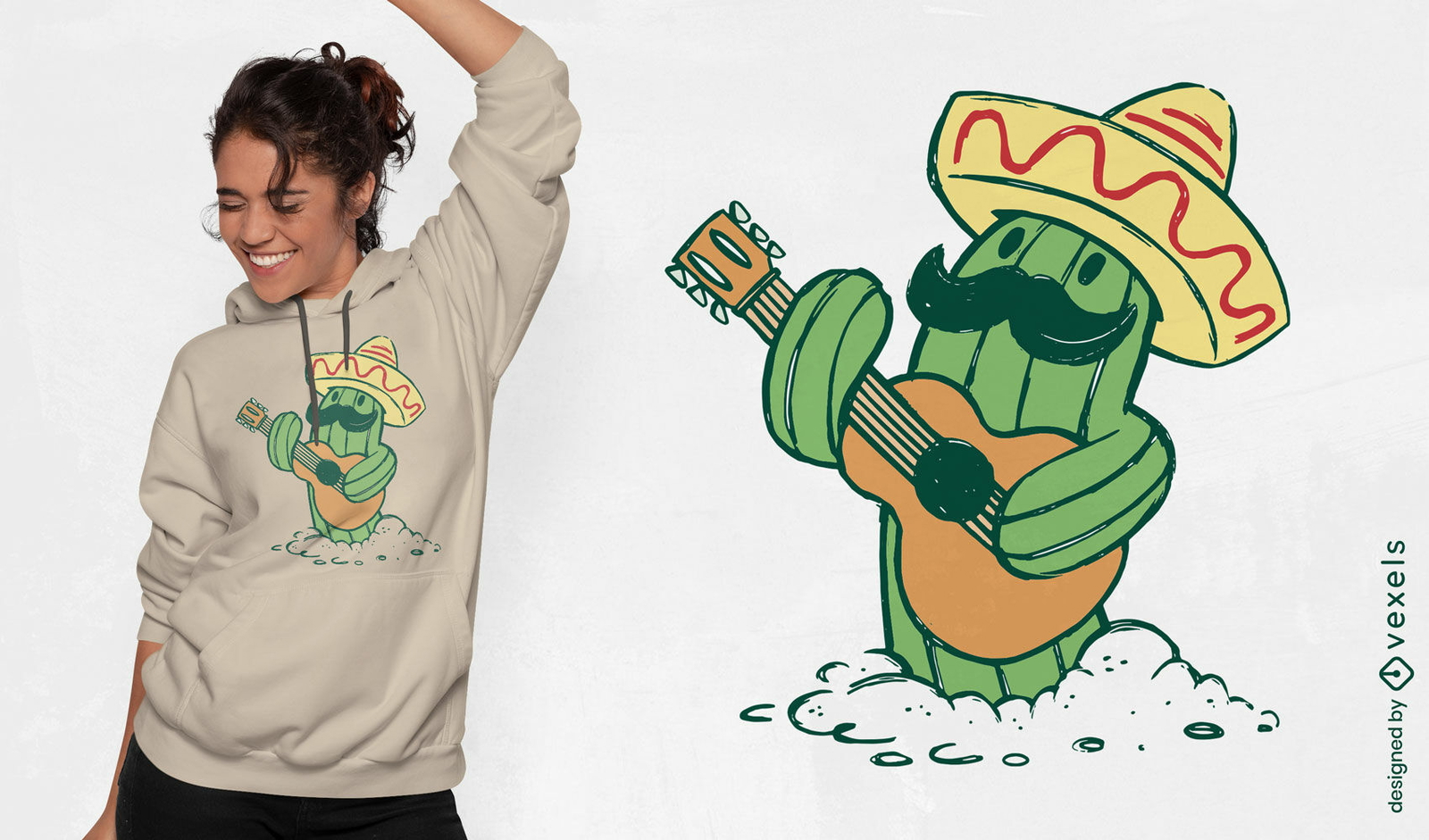 Diseño de camiseta de cactus con sombrero mexicano y guitarra.