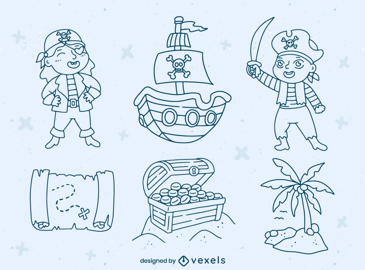 Conjunto de personagens e elementos de crianças piratas